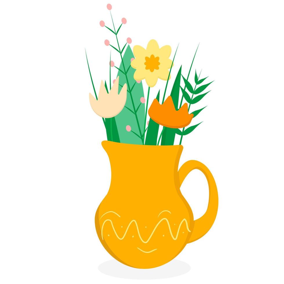 Jug with flowers and leaves in a flat style vector