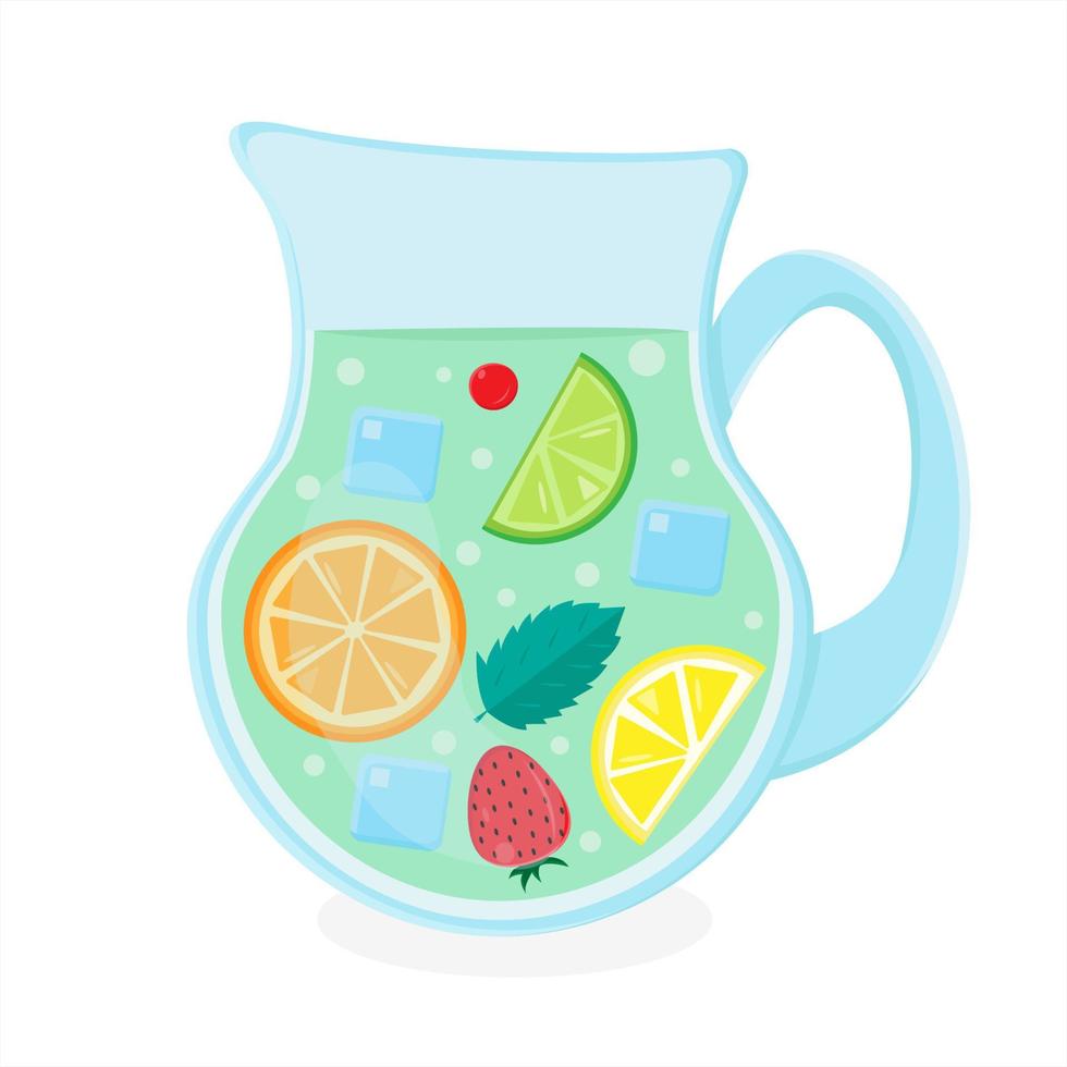 Summer cocktail in jug. Drink with berries, fruits and mint leaves vector