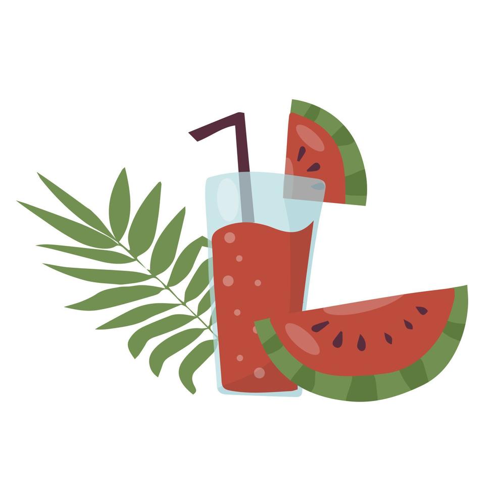 cóctel de frutas refrescante de verano. bebidas no alcohólicas en un simple vaso de vidrio y pajita. batidos frescos y rodajas de fruta fresca sobre un fondo de hojas de palma vector