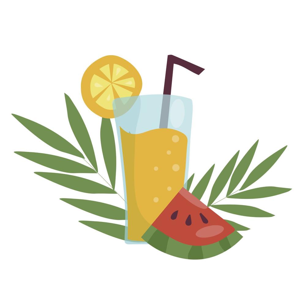 Summer refreshing fruit cocktail. Non-alcoholic drinks in a simple glass glass and straw. Fresh smoothies and slices of fresh fruit against a backdrop of palm leaves vector