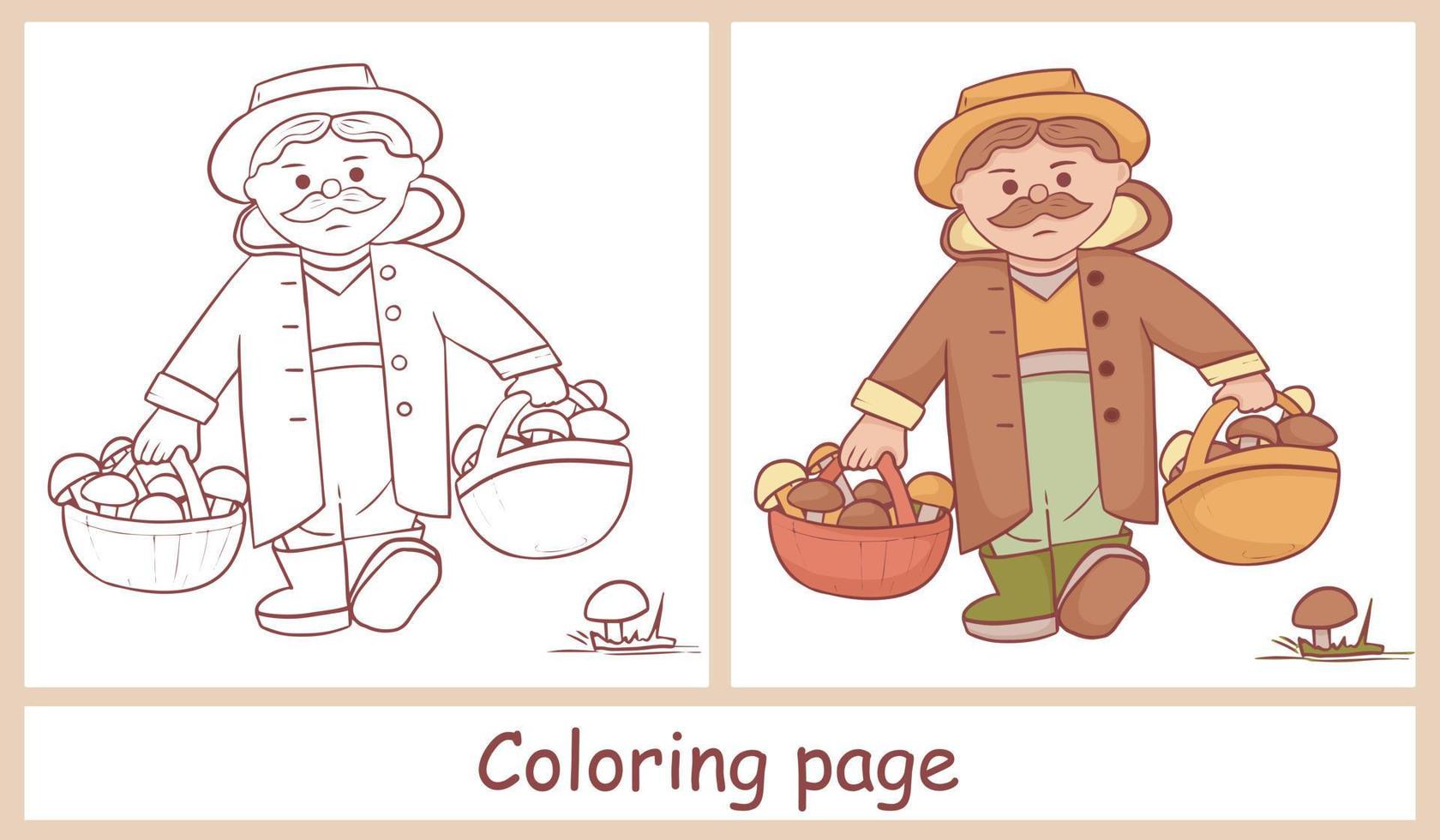 Cute character of a mushroom picker. Grandpa with two baskets of various mushrooms. Line art. Coloring for children and color drawing for example vector
