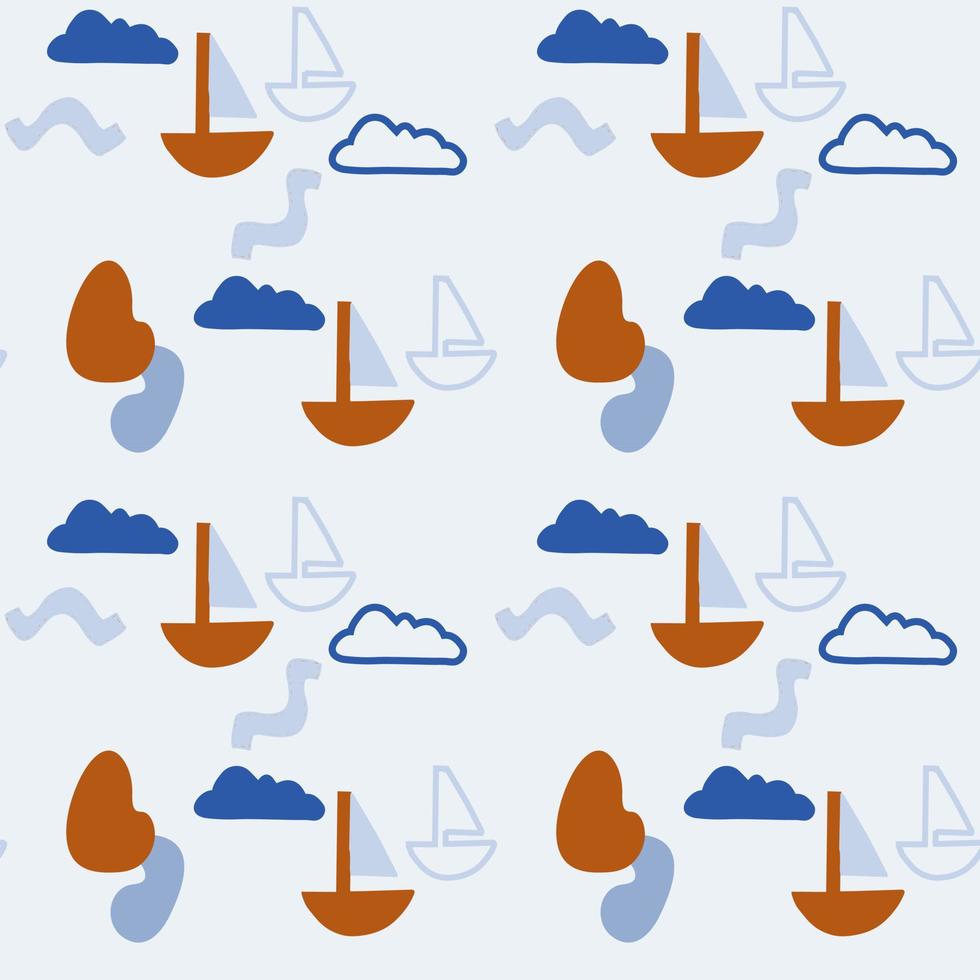 Seamless pattern of abstract minimalist elements. Simple shapes, boat with sail, clouds in the sky, water vector