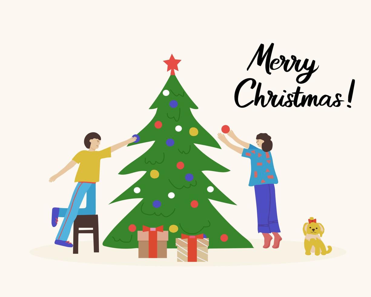 tarjeta de felicitación de feliz navidad. parejas felices, hombres y mujeres jóvenes decorando el árbol de navidad vector