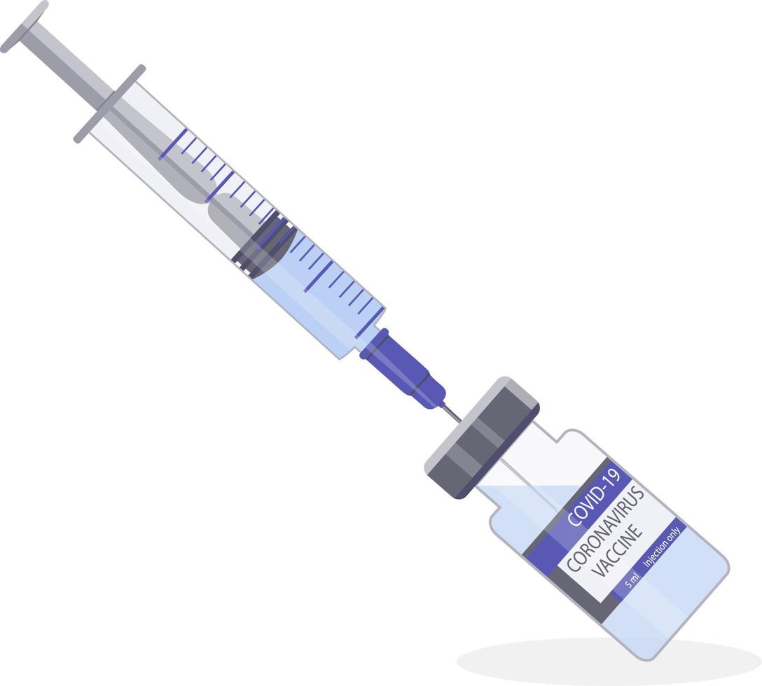 la única vacuna eficaz contra el coronavirus. ampolla de vidrio con medicamento y jeringa vector