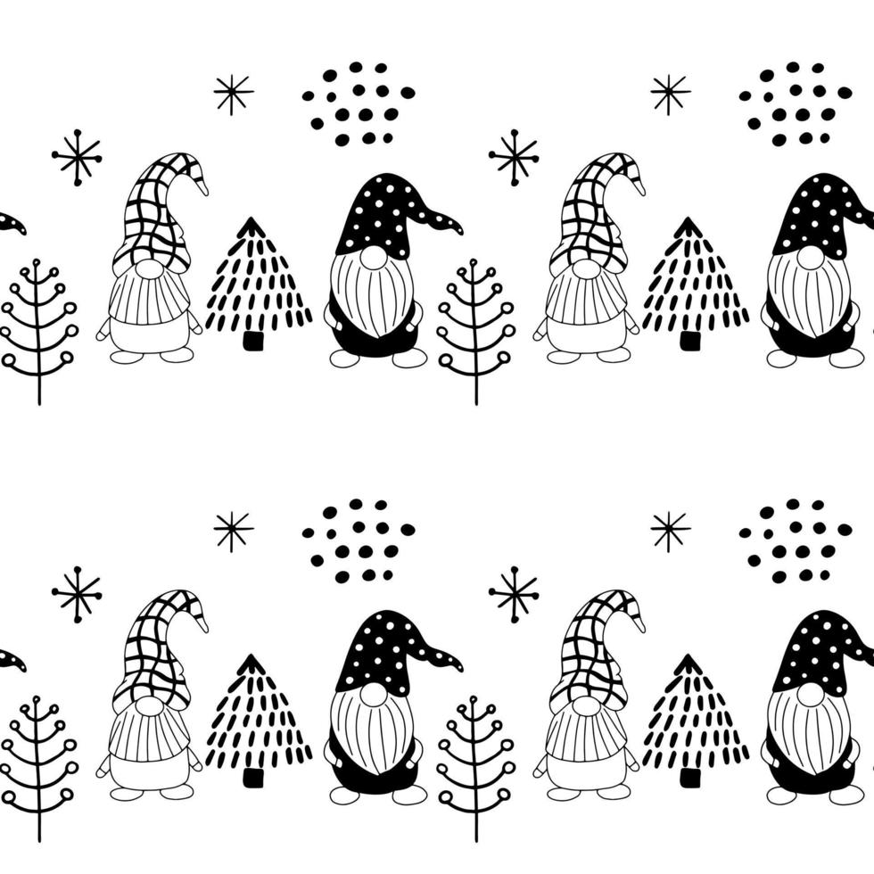 Seamless pattern with a cute hand drawn gnome and a Christmas tree vector