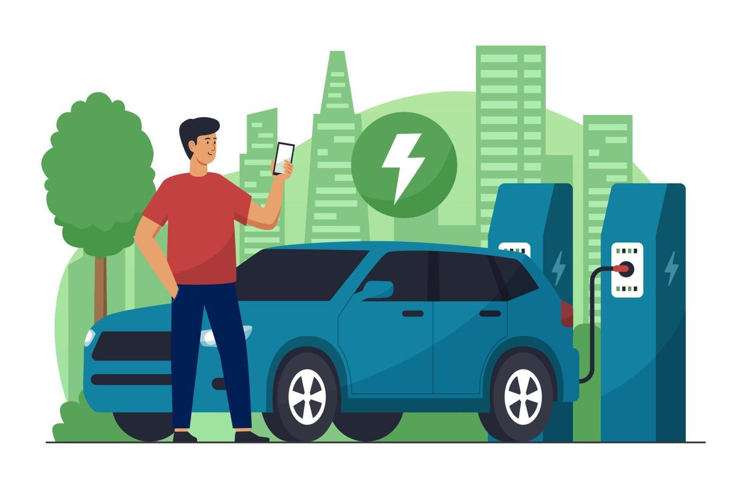 People with Electric Car at Charging Station vector