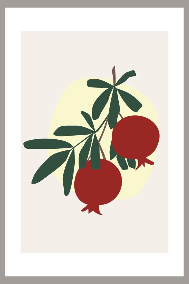 Pomegranate on a branch with leaves. Template with abstract composition of simple shapes and fruit vector