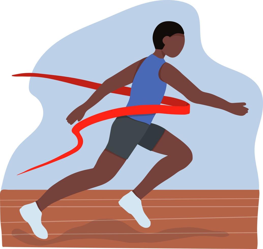 A black African American athlete. A fast runner crosses the finish line. Winner of a running competition. vector