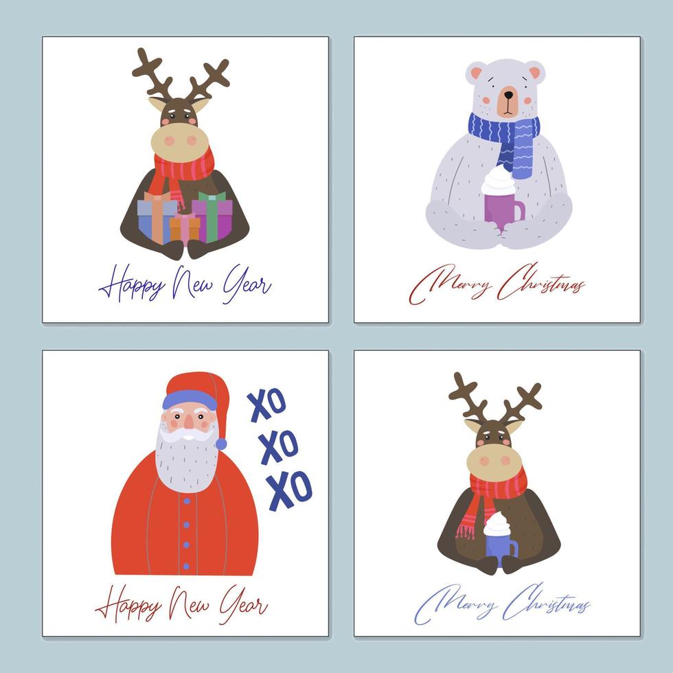 A set of Christmas and New Year greeting cards. Teddy Bear, Reindeer, and Santa Claus vector