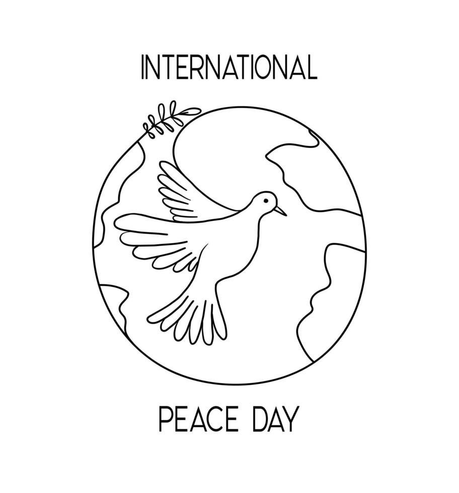 paloma voladora con una rama. paloma de la paz en el fondo del planeta tierra. boceto de línea dibujada a mano vector