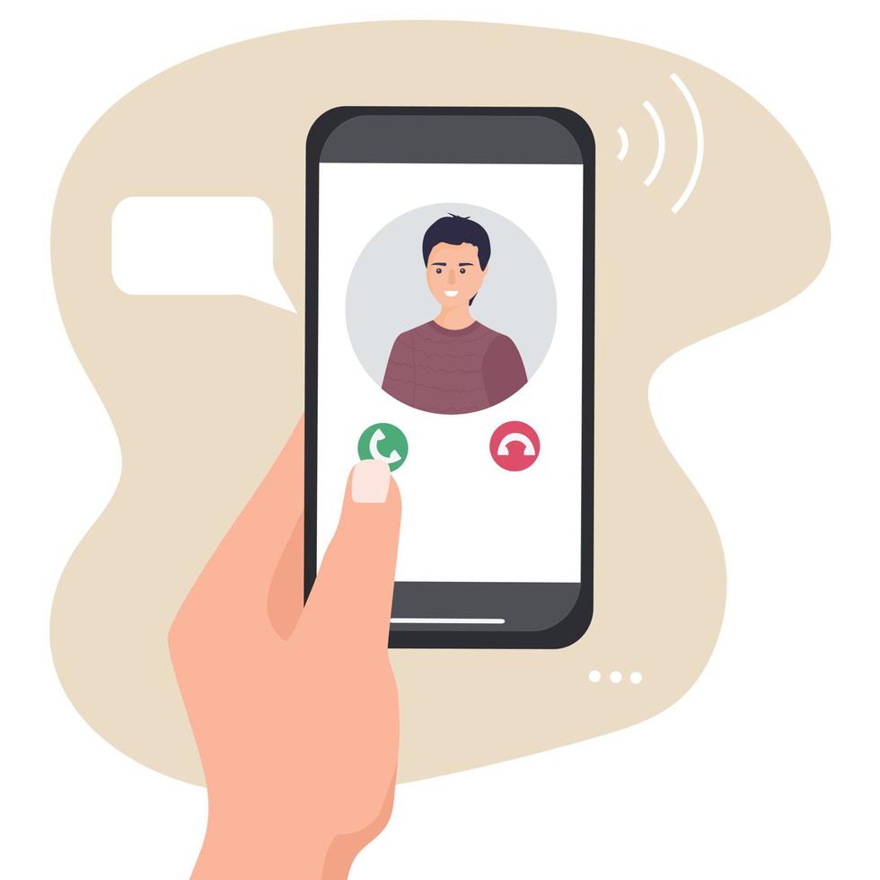 A hand holds a smartphone with an incoming call. Portrait of a person from contacts on the phone screen. Mobile applications and Internet technology vector