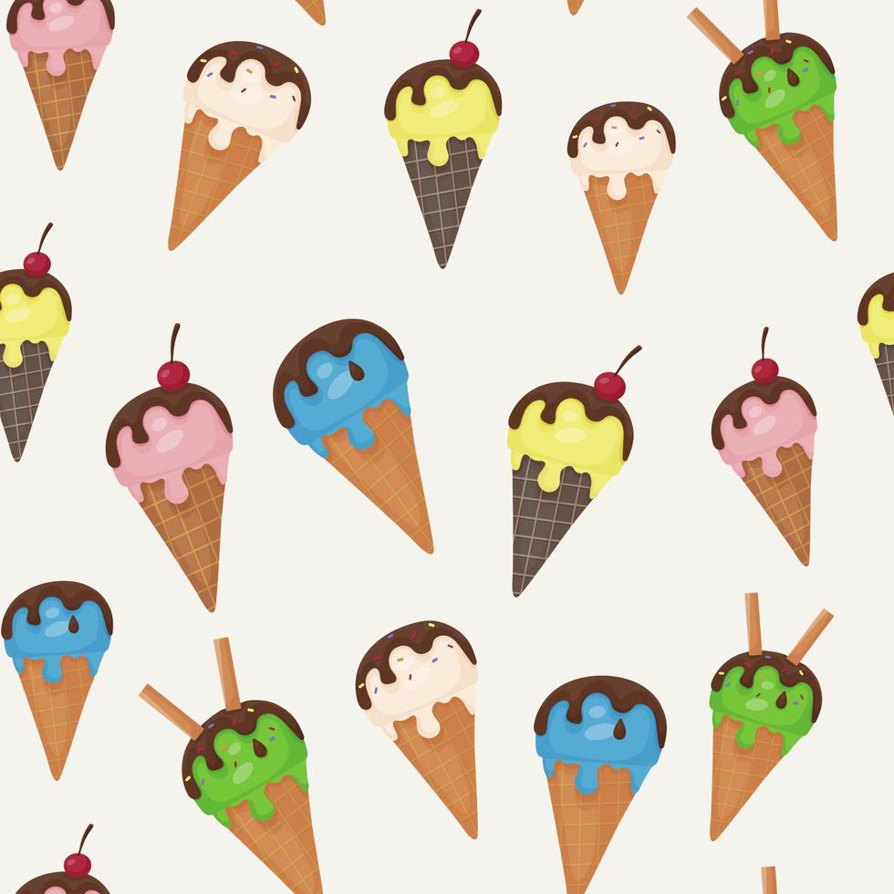 patrón de vector transparente de helado. bolas de diferentes colores de helado derretido en un cono de galleta.
