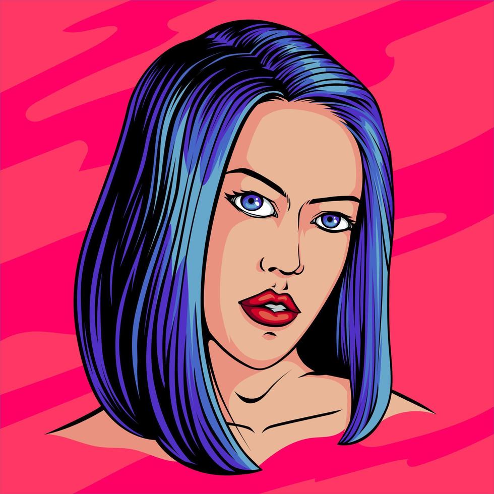 hermosa mujer con ilustración de estilo cómico de arte pop de cabello azul vector