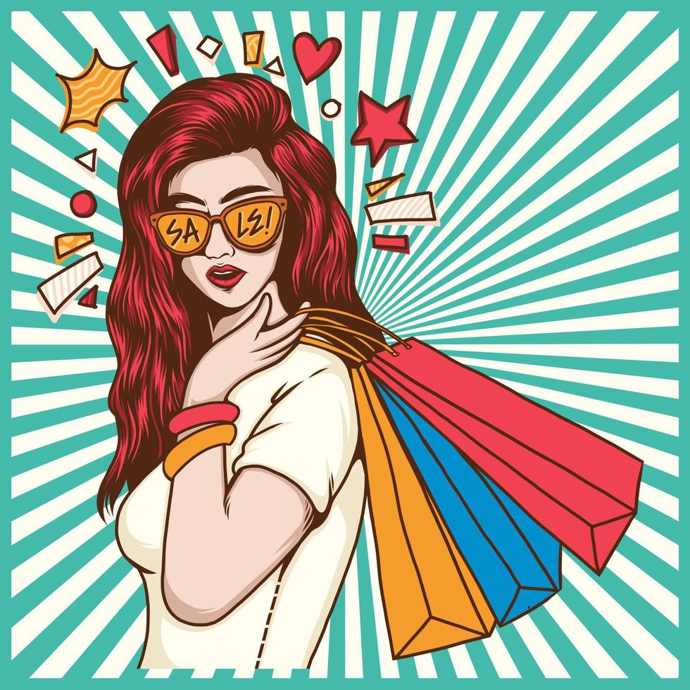 Beautiful Lady with Shopping Bag. Big Sale Pop Art Comic Style Illustration. vector