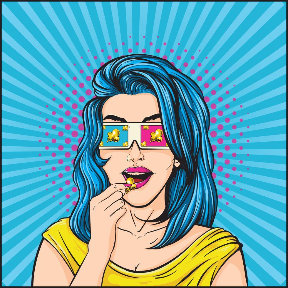 mujer con gafas 3d, come palomitas de maíz. lindo estilo cómico de arte pop de dibujos animados. vector