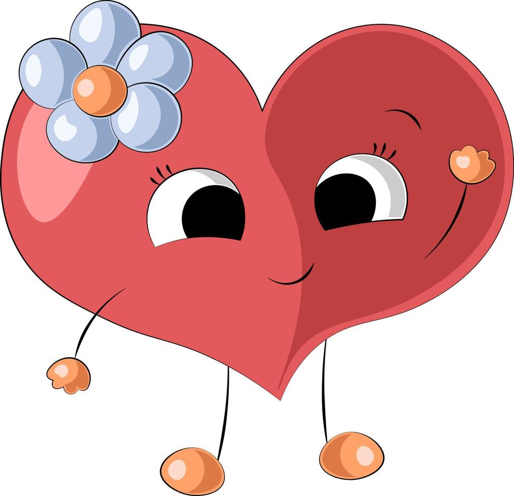 lindo corazón rojo de dibujos animados con flor azul vector