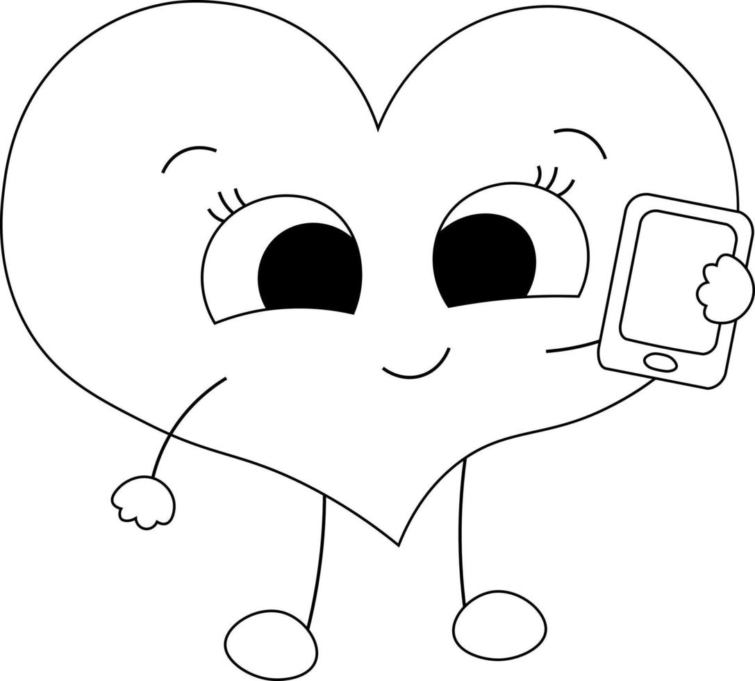 Cute cartoon Heart with mobile phone in black and white vector