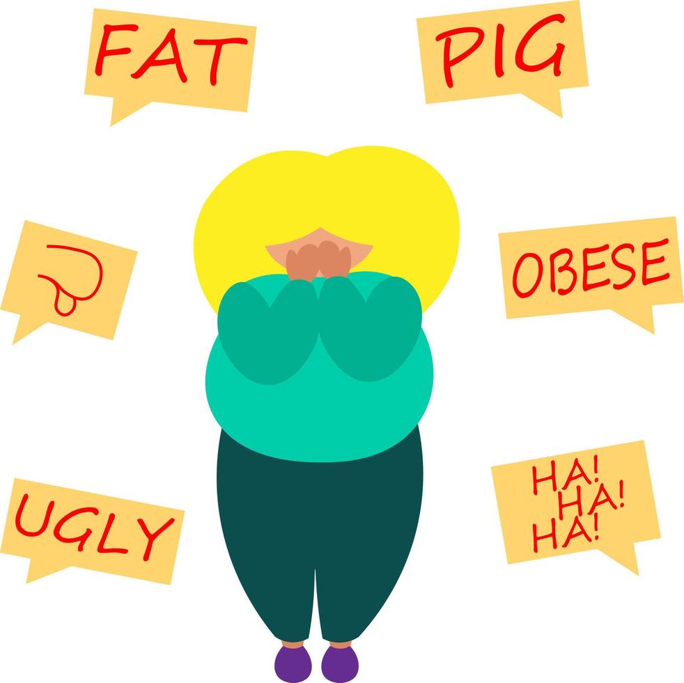 A blonde fat women listens to insults and cries vector