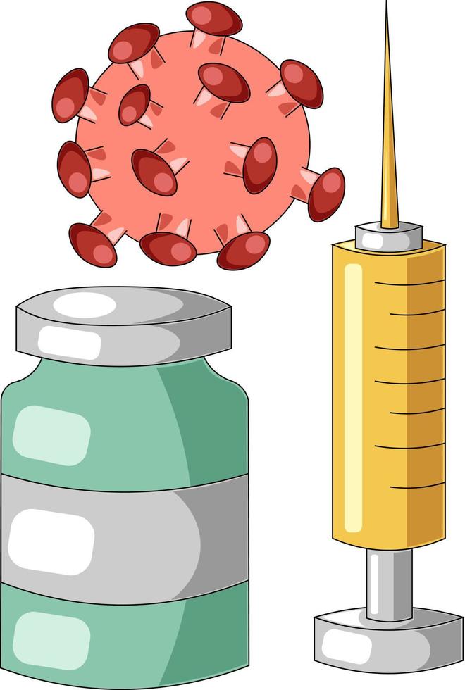 Syringe, vaccine and virus. Draw color illustration vector