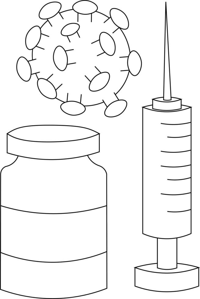 Syringe, vaccine and virus. Draw illustration in black and white vector