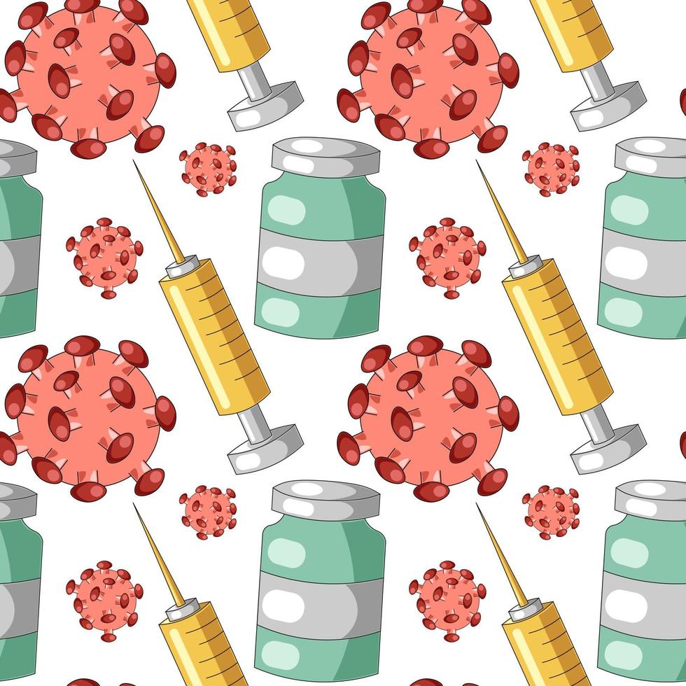 Seamless vector pattern with syringe, vaccine and virus