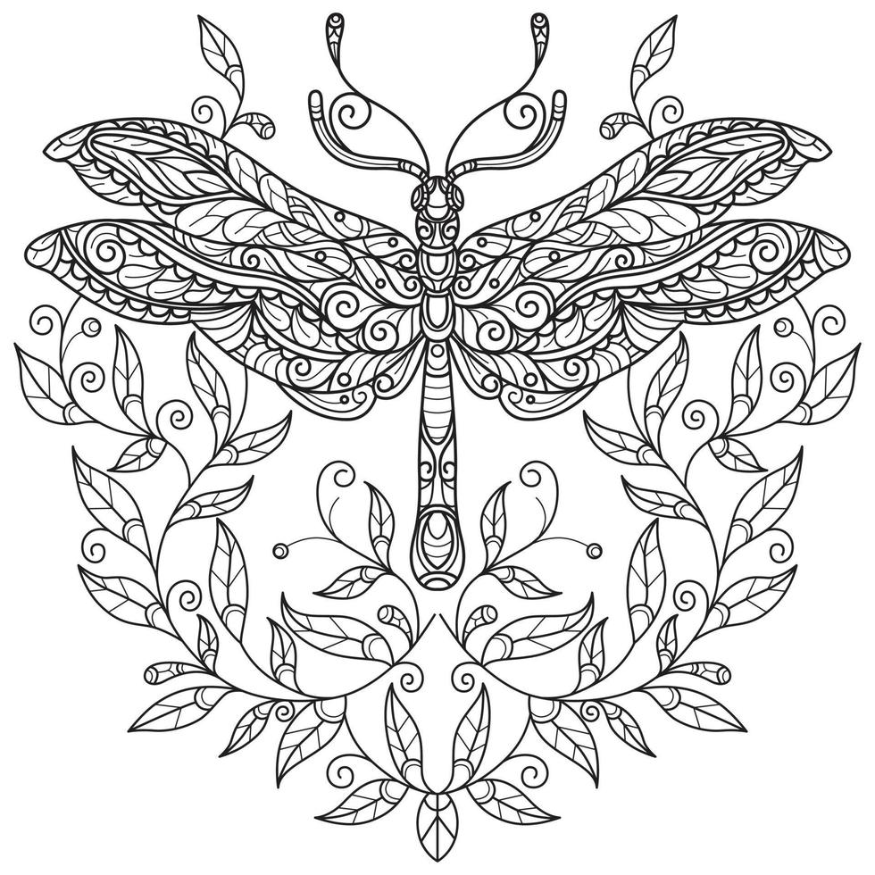 Dragonfly and leaf hand drawn for adult coloring book vector