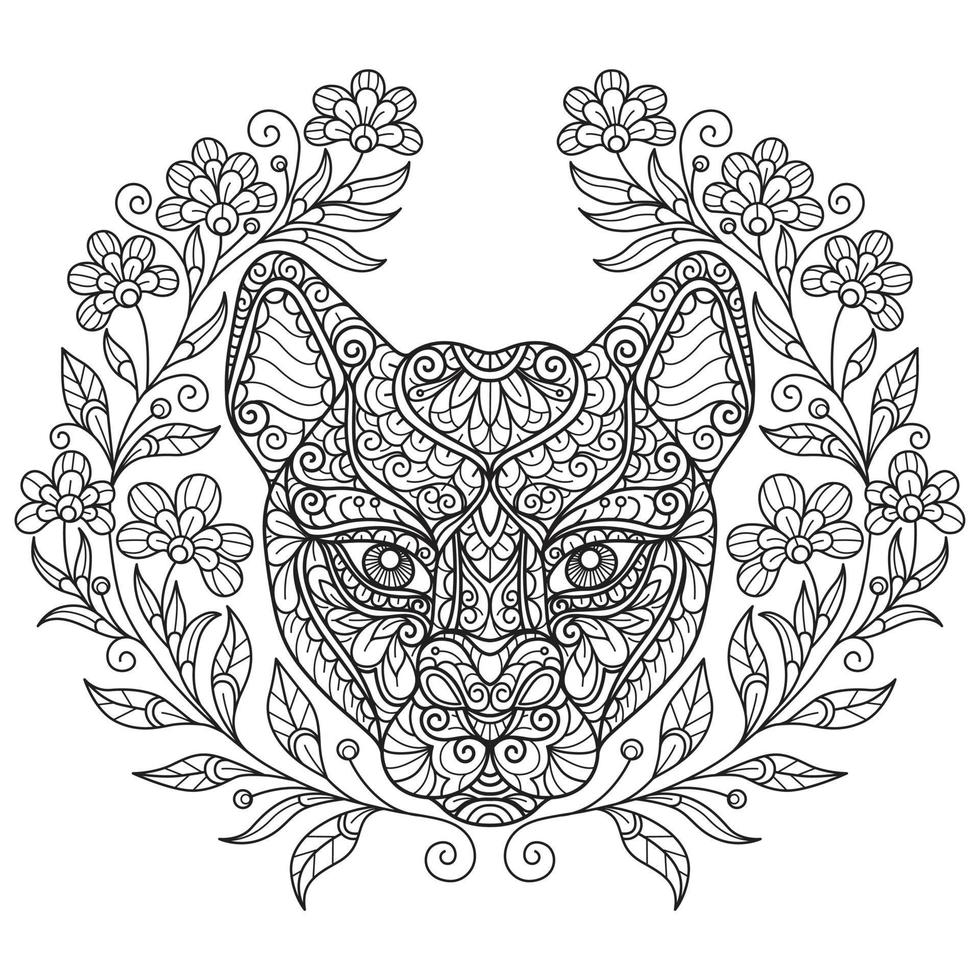 Tiger and flowers hand drawn for adult coloring book vector