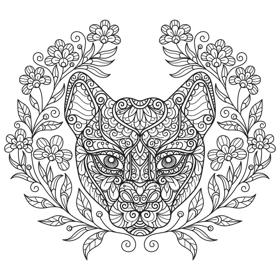 tigre y flores dibujados a mano para libro de colorear para adultos vector