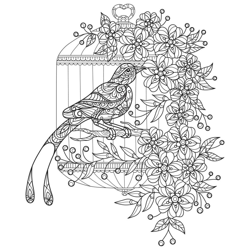 jaula de pájaros y flores dibujada a mano para un libro de colorear para adultos vector