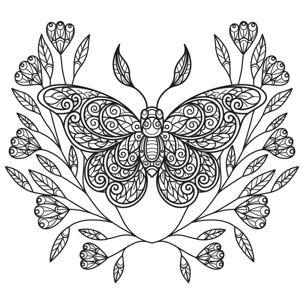 hoja de mariposa y flor dibujada a mano para libro de colorear para adultos vector