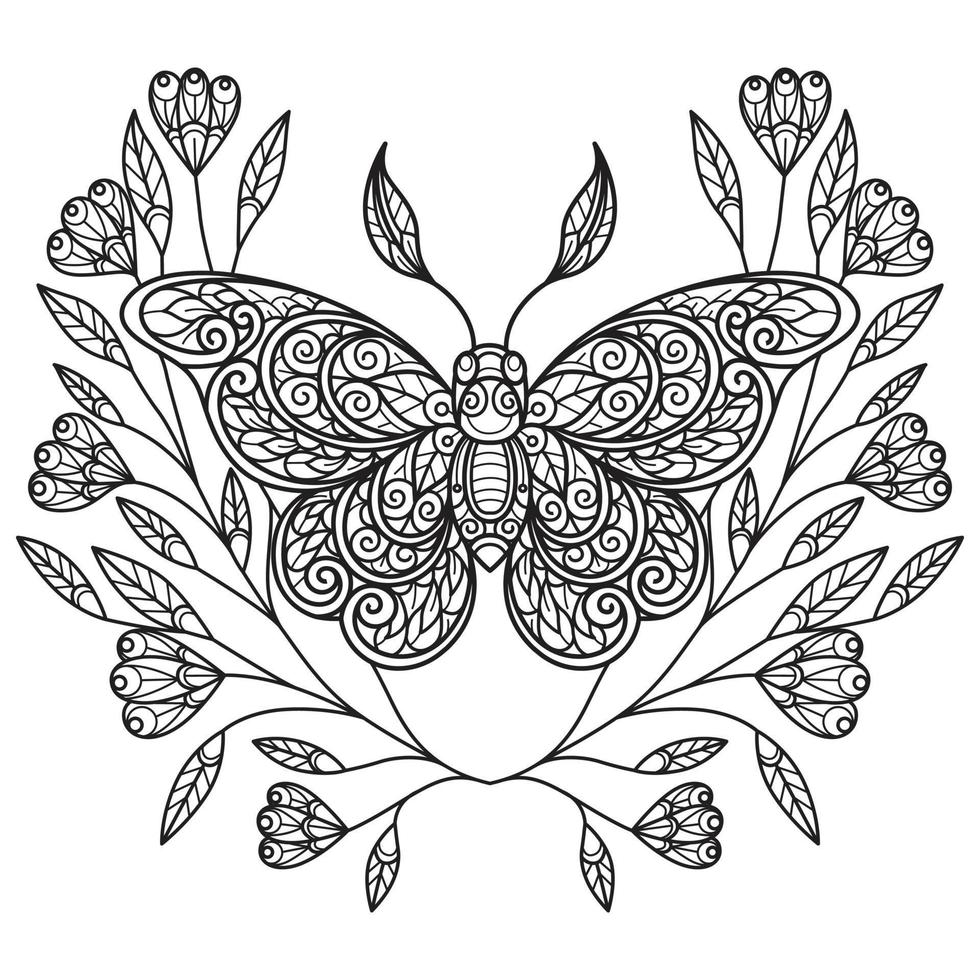 Butterfly and flower leaf hand drawn for adult coloring book vector
