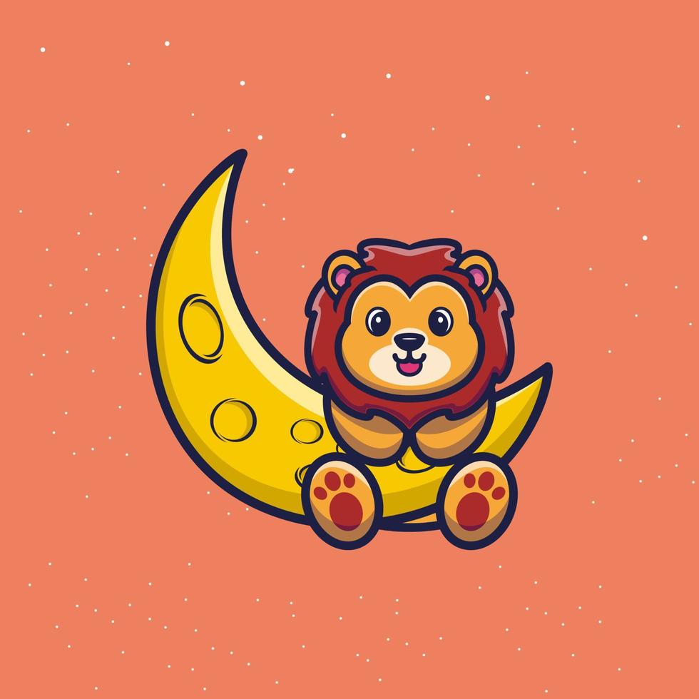 Cute lion with sickle moon cartoon vector illustration