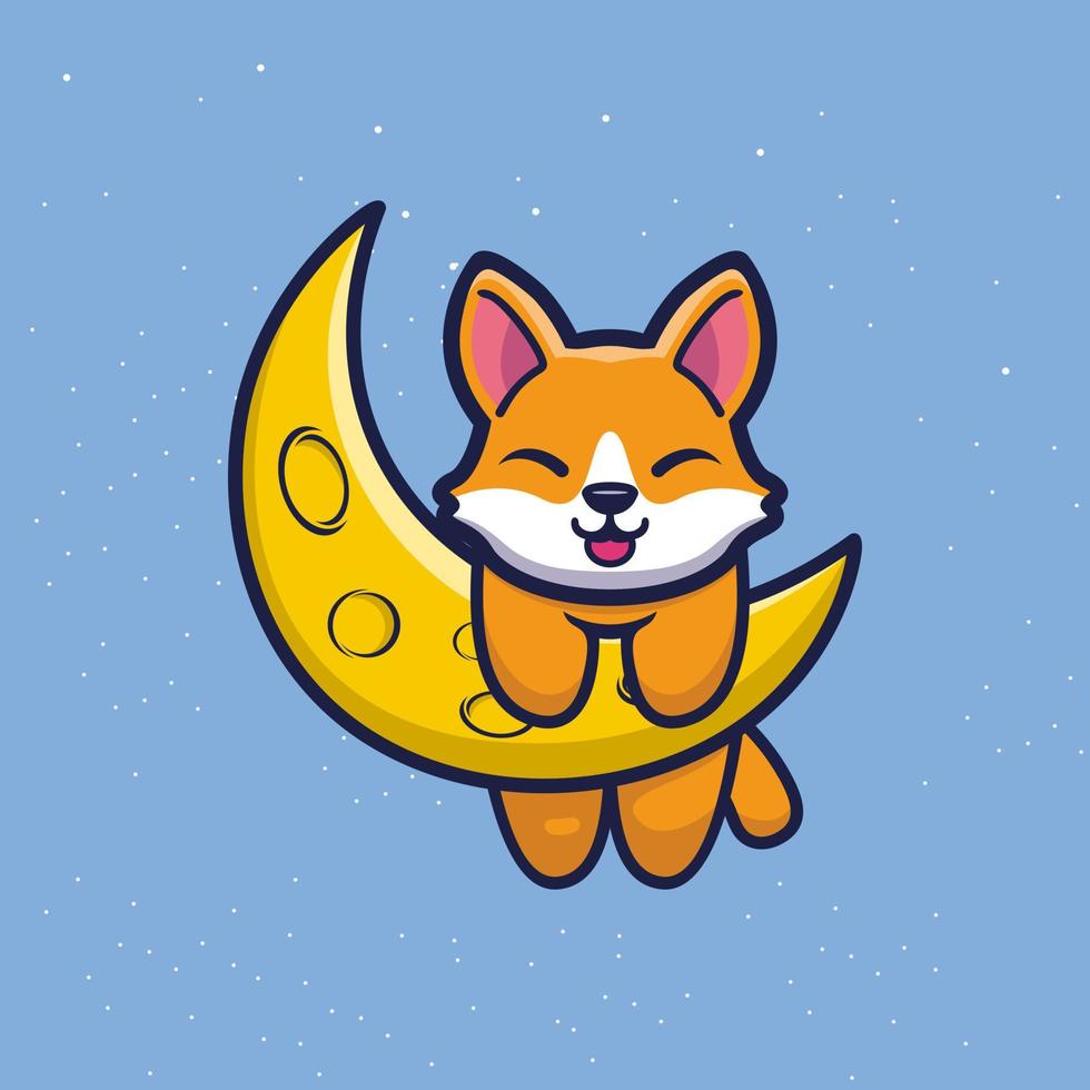 Cute fox with sickle moon cartoon vector illustration