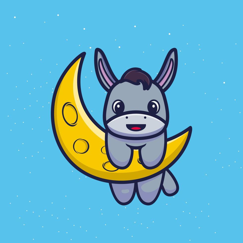 Lindo burro con ilustración de vector de dibujos animados de luna hoz