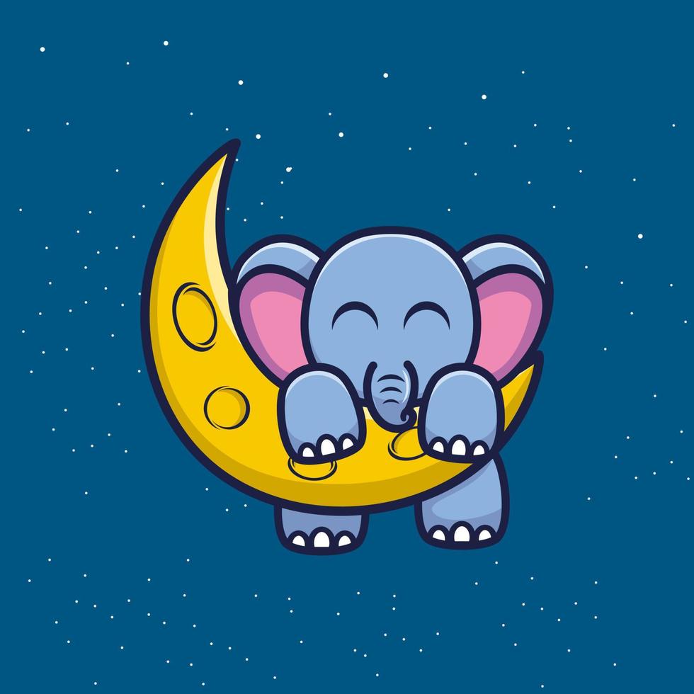 Lindo elefante con ilustración de vector de dibujos animados de luna hoz