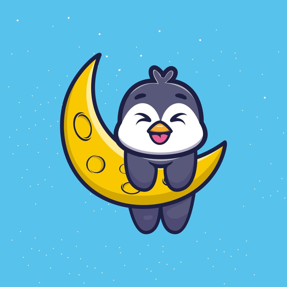 lindo pingüino con ilustración de vector de dibujos animados de luna hoz