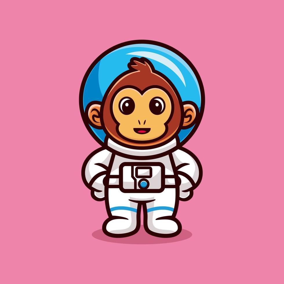 Cute monkey astronaut standing cartoon vector, Animal science concept isolated premium vector