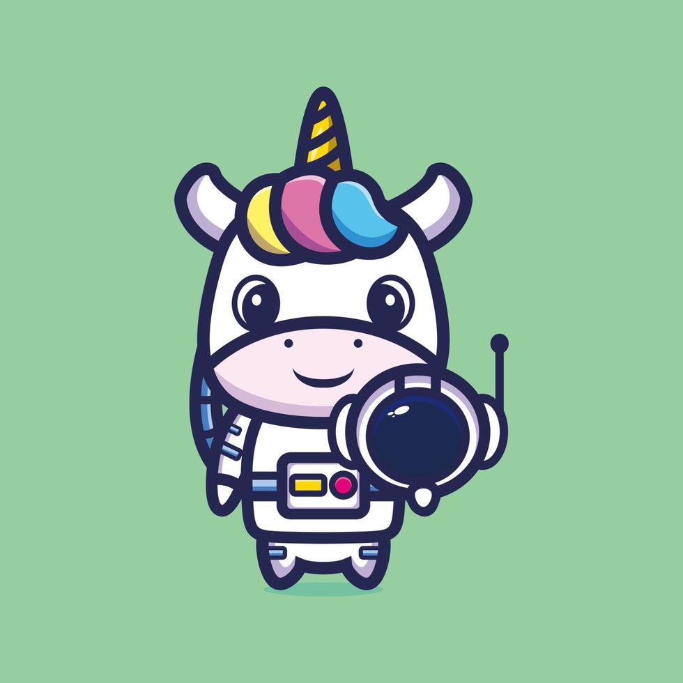 Cute astronaut unicorn holding helmet cartoon vector illustration