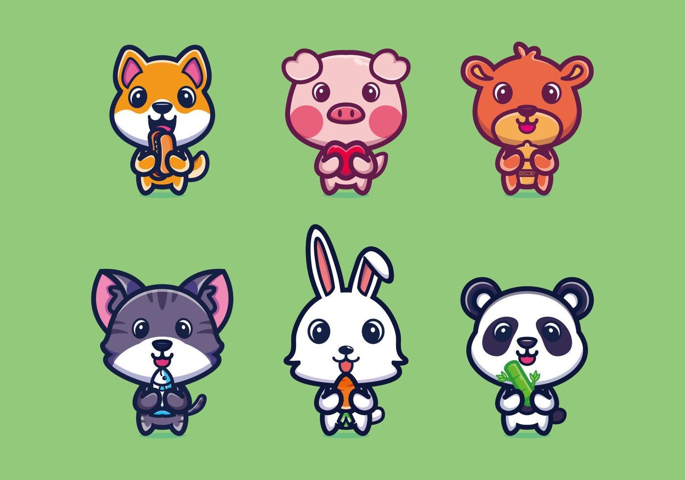 linda colección de dibujos animados de animales con alimentos premium vector