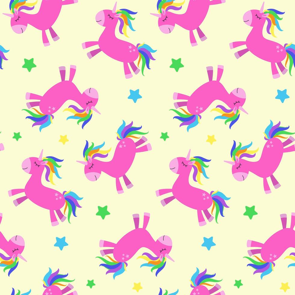 Seamless pattern with funny cartoon unicorn. Cute background. Magical and fairy tale animal. Print for nursery wallpaper, textile, clothes, wrapping paper, design and decor vector