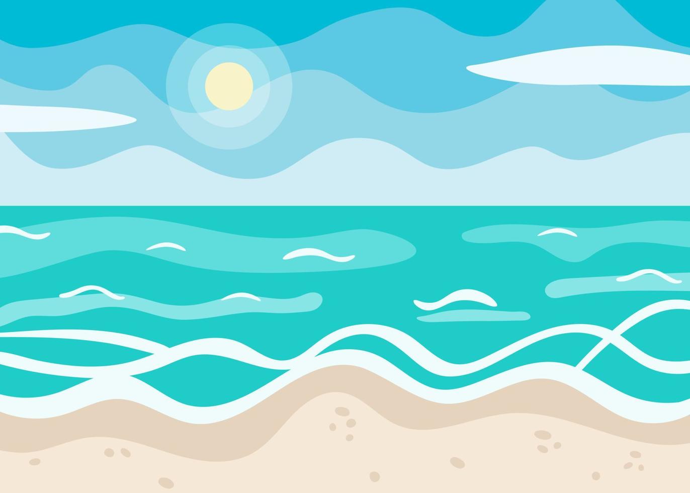 Seascape in cartoon flat style. Summer sunny day, beach and ocean illustration. Background for banner, logo, lettering, card, poster. Blue sky, sea and sand. Landscape panorama, seashore vector