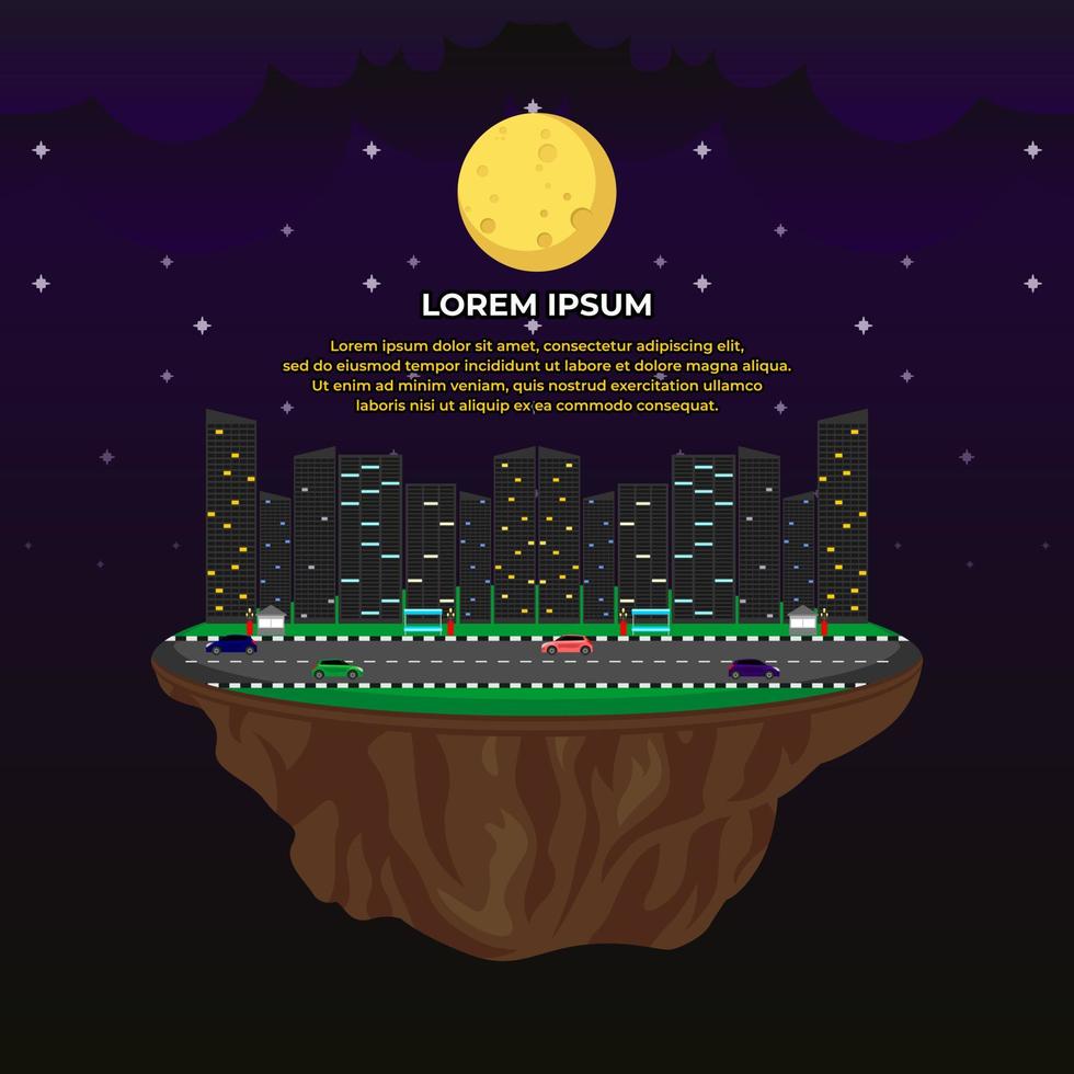 Floating island with city at night vector