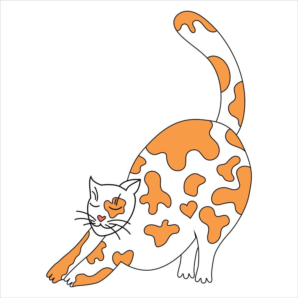 vector illustration, stretching cat in red spots, on a white background.