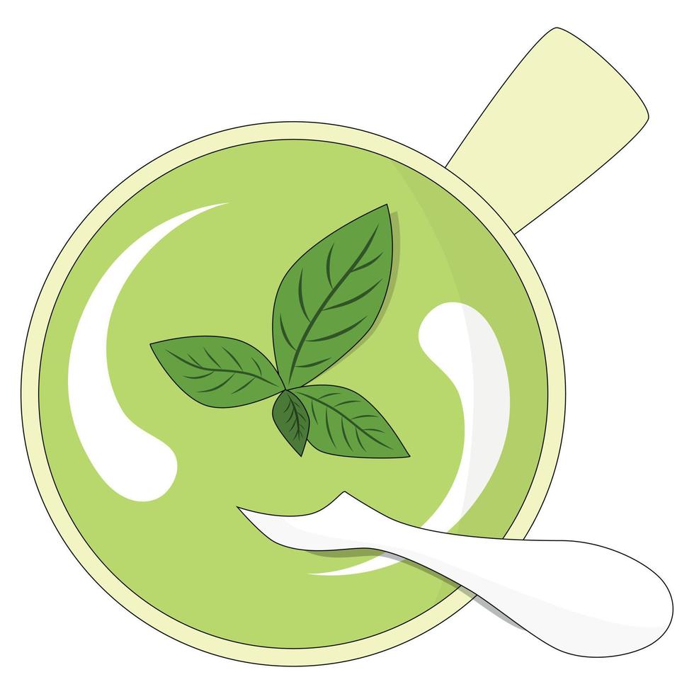 broccoli soup with basil and cream, vector illustration on a white background.