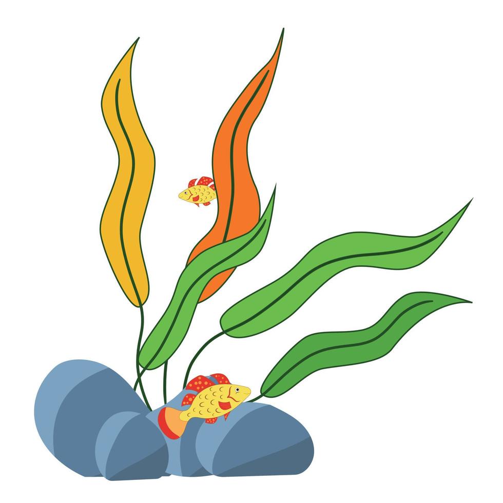 vector illustration of multicolored algae with yellow fish on a white background.