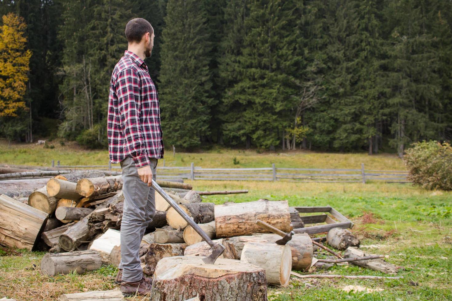 yong male in forest choping wood with steel axe, country landscape with lumberjack photo