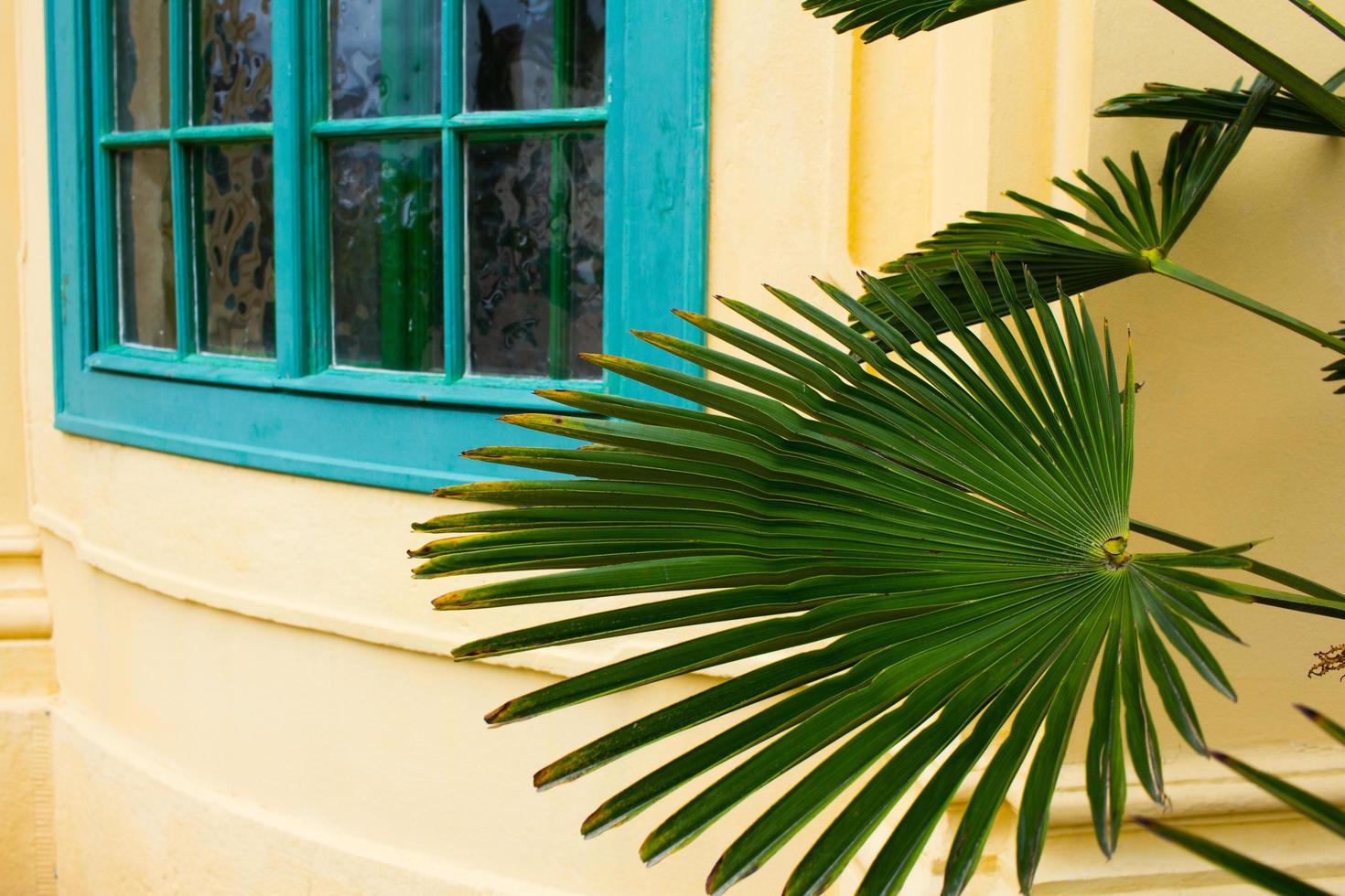 facede of old european house in yellow and turquoise colors photo