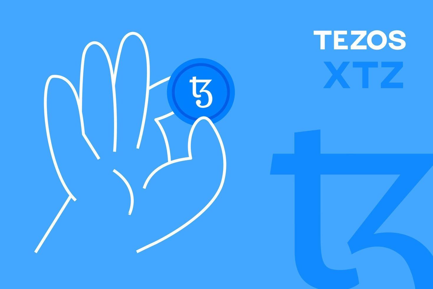 mano sosteniendo moneda tezos, vector editable de criptomoneda. logotipo xtz, banner de diseño plano criptográfico. token xtz sobre fondo azul, para aplicaciones, web y animación.