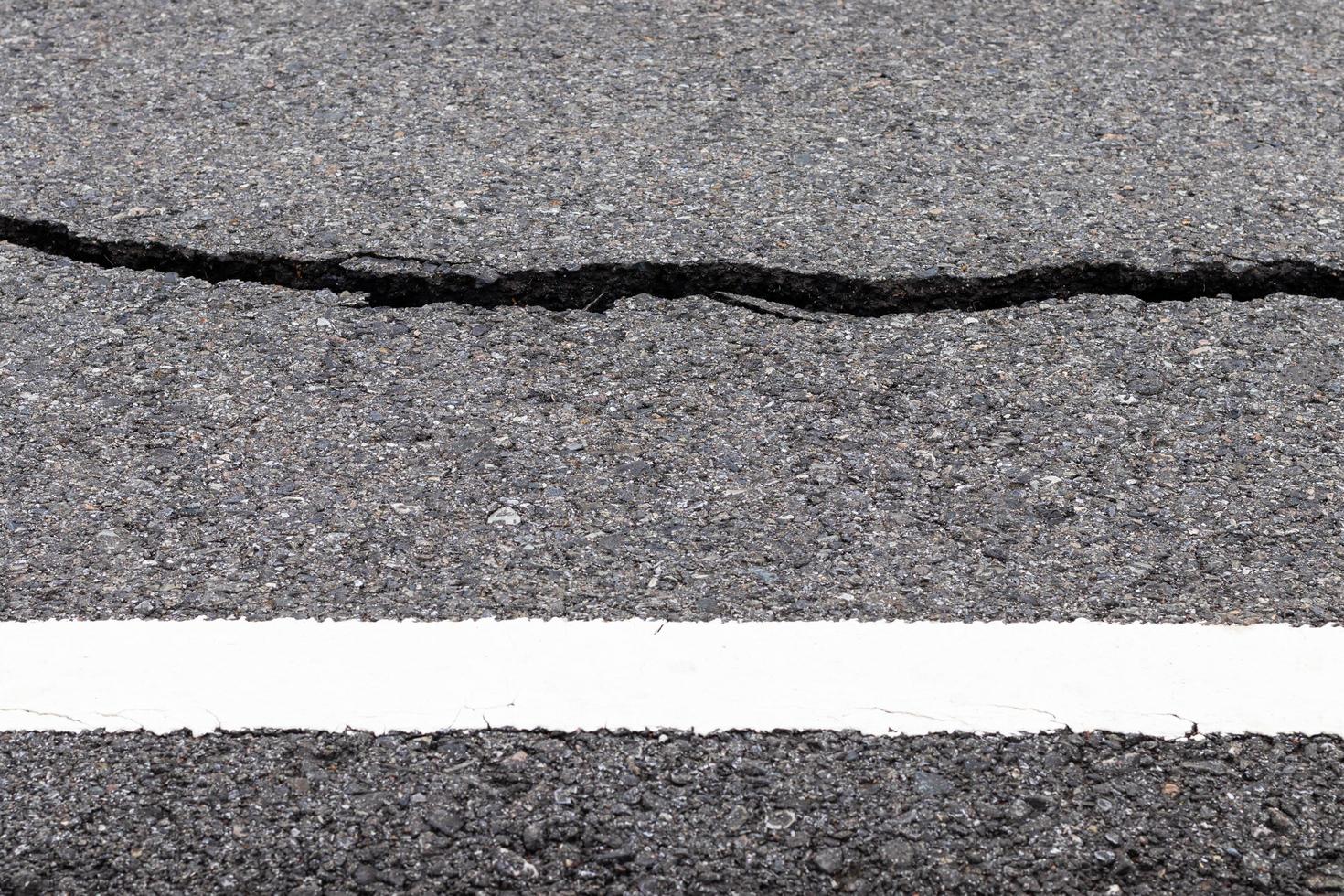 Asphalt road surface cracks near the white line. photo