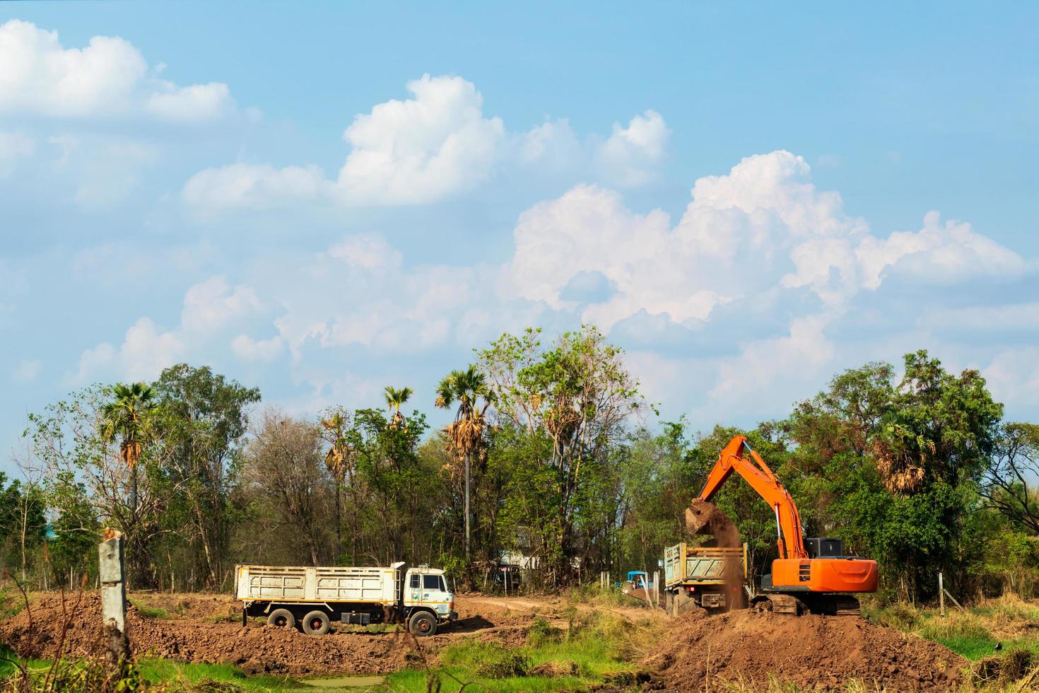 Backhoe dug to pour on a truck in the countryside. photo